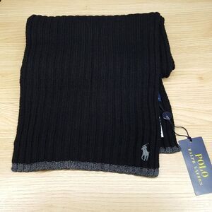 POLO RALPH LAUREN Mens Scarf Black Ribbed Stripe Hem Wool Blend Pony Logo 9x70